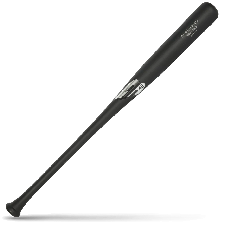 A black birch wood baseball bat featuring silver B45 Pro Select branding, lying diagonally on a white background with a shadow underneath.