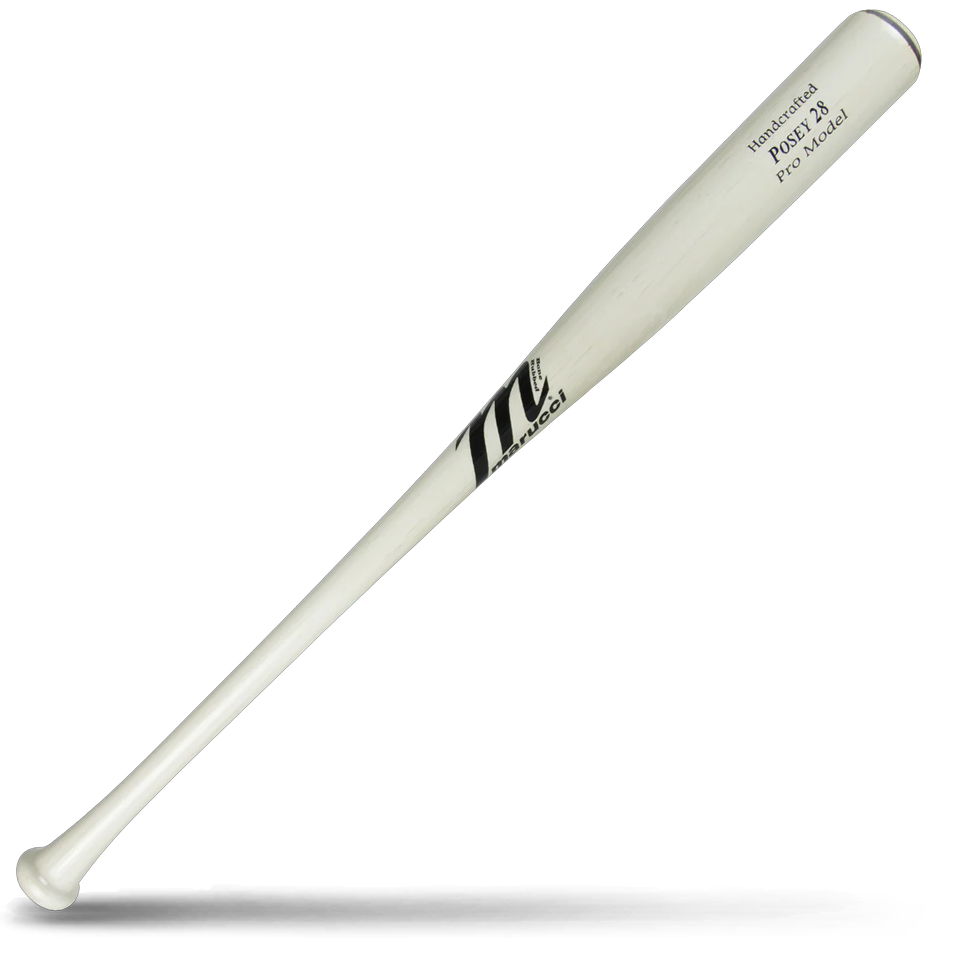 A solid white maple wood baseball bat featuring Marucci branding and Buster Posey POSEY28 Pro Model markings, lying diagonally on a white background with a shadow underneath.