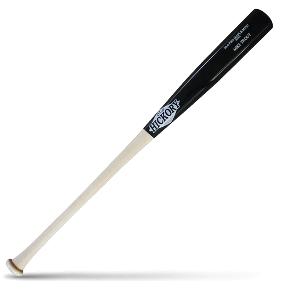 A two-tone baseball bat with a black barrel and a light natural wood handle, featuring the Old Hickory logo in silver, lying diagonally on a white background with a shadow underneath.