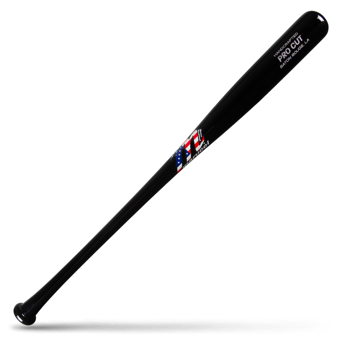 A black maple wood baseball bat featuring Marucci Pro Cut branding with an American flag logo, photographed diagonally on a black background.